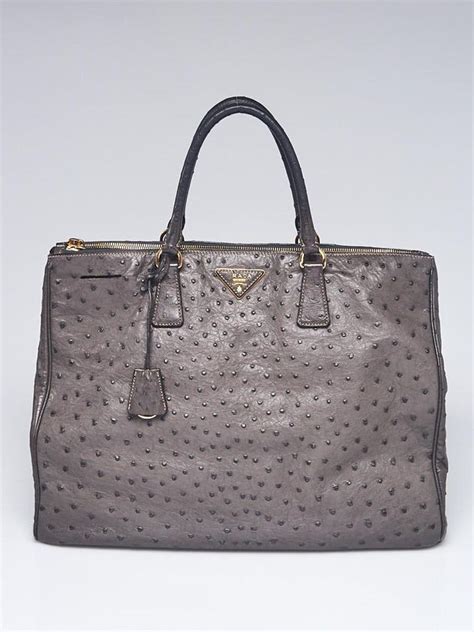 Prada Grey Ostrich Double Zip Large Tote Bag 